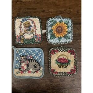 Vintage‎ Novelty Potholders Set of 4 Sunflower Bear Cat Apple Basket Kitchen